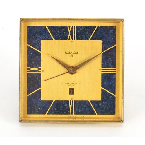 2546 - Loxor eight day brass and lapis lazuli travel alarm clock, with date dial, retailed by Mappin & Webb... 