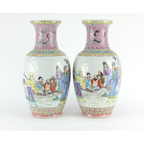 2317 - Pair of Chinese porcelain vases, each finely hand painted in the famille rose palette with figures a... 