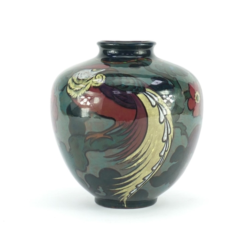 2382 - Decoro art pottery vase, hand painted with two stylised peacocks and flowers, 22cm high
