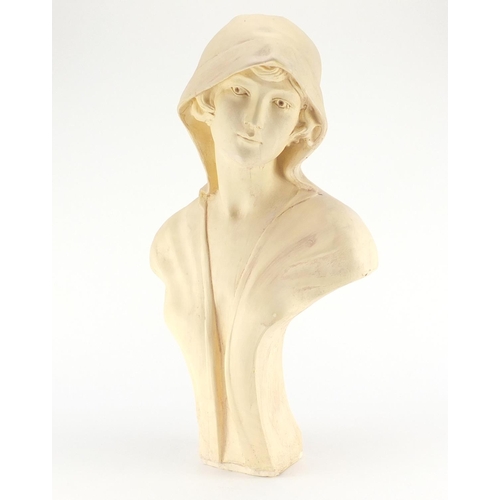 2106 - Large plaster bust of an Art Nouveau female, Monique, incised marks to the reverse, 64cm high