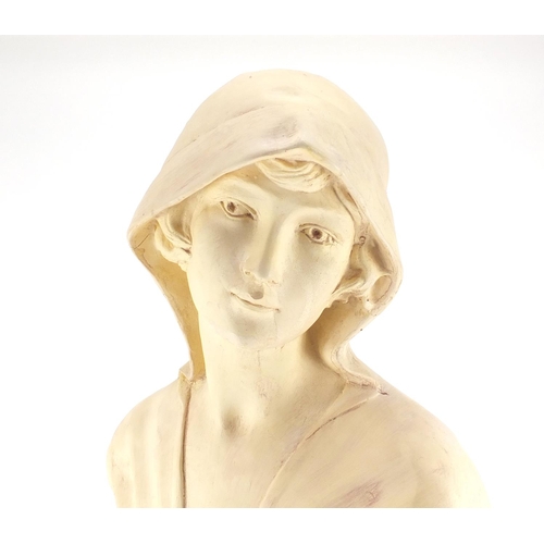 2106 - Large plaster bust of an Art Nouveau female, Monique, incised marks to the reverse, 64cm high