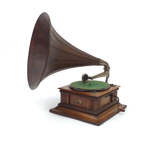 2107 - His Masters Voice oak gramophone with wooden horn, the horn, 55.5cm in diameter