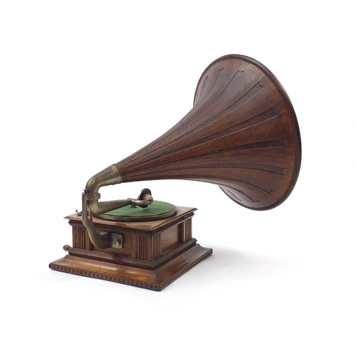2107 - His Masters Voice oak gramophone with wooden horn, the horn, 55.5cm in diameter