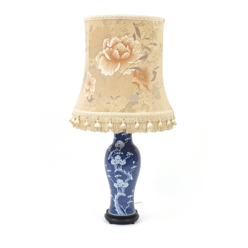 2100 - Chinese blue and white porcelain baluster vase table lamp with silk lined shade, hand painted with p... 