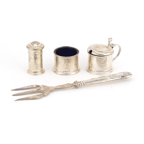 2595 - Silver three piece cruet and a fish slice with silver handle, the cruet with blue glass liners, 174.... 