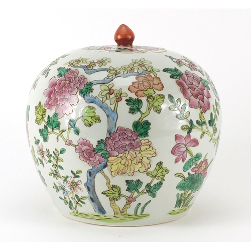 2379 - Chinese porcelain jar and cover, hand painted in the famille rose palette with flowers, 22.5cm high