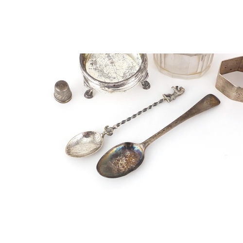 2579 - Georgian and later silver objects including a cut glass preserve jar, three footed salt and teaspoon... 