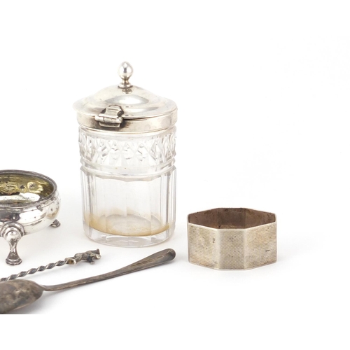2579 - Georgian and later silver objects including a cut glass preserve jar, three footed salt and teaspoon... 