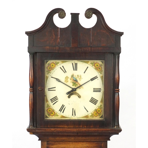 2026 - Antique Oak long case clock with date wheel, the enamel dial hand painted with a bird, 207cm high