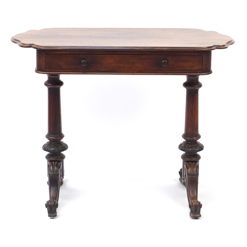 2044 - Victorian rosewood ladies writing table with frieze drawer and scroll feet, 74cm H x 97cm W x 47cm D