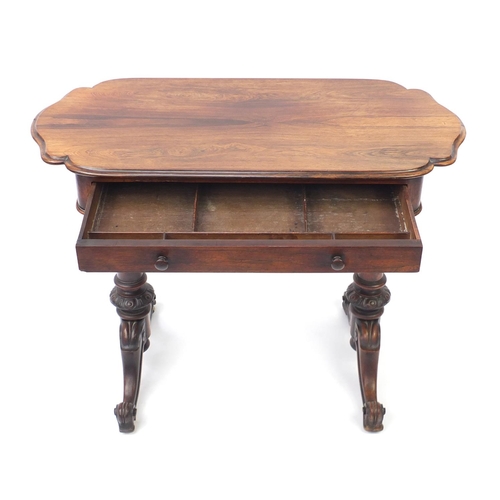 2044 - Victorian rosewood ladies writing table with frieze drawer and scroll feet, 74cm H x 97cm W x 47cm D