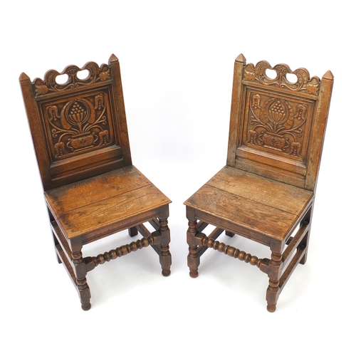 2007 - Pair of 19th oak chairs with carved panel backs, 102cm high