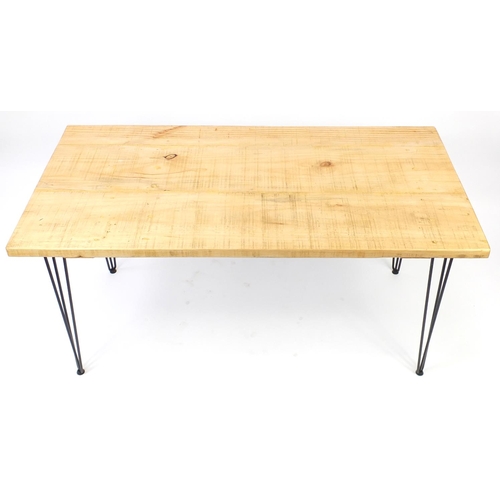 2050 - Contemporary light wood dining table with metal hairpin legs, 76c H x 151cm W x 75cm D