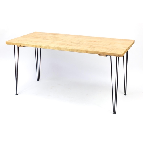 2050 - Contemporary light wood dining table with metal hairpin legs, 76c H x 151cm W x 75cm D