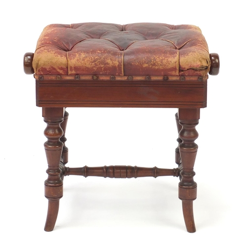 2067 - Victorian walnut rise and fall piano stool with leather button upholstery, 48cm high