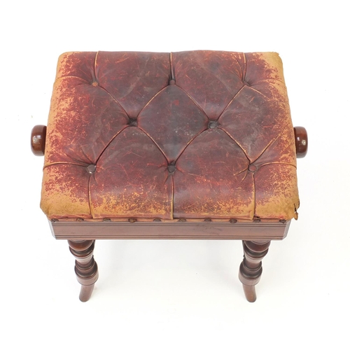 2067 - Victorian walnut rise and fall piano stool with leather button upholstery, 48cm high