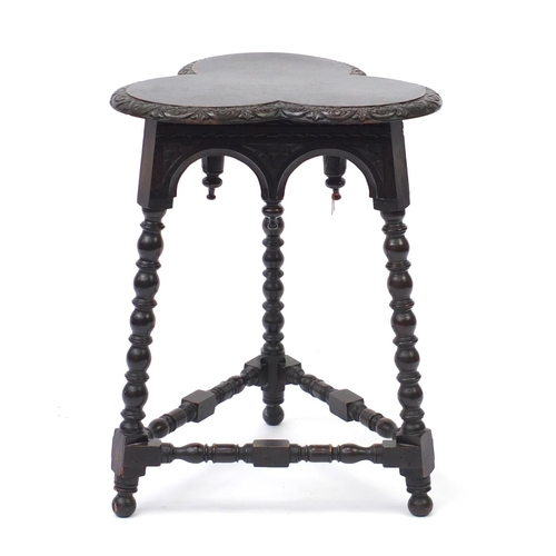 2065 - Carved oak club top occasional table with bobbin turned legs, 72cm H x 54cm W x 54cm D