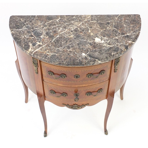 2047 - Sheriton revival demi lune side cabinet with marble top and brass fittings, 72cm H x 66cm W x 33cm D