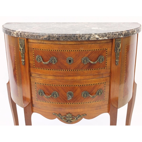 2047 - Sheriton revival demi lune side cabinet with marble top and brass fittings, 72cm H x 66cm W x 33cm D