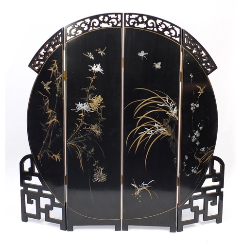 2010 - Chinese lacquered four fold screen, decorated in relief with females around a pagoda, 183cm H x 186c... 