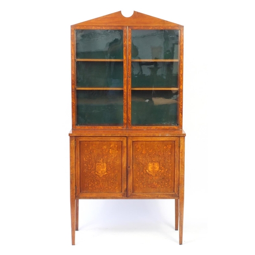 2024 - 19th century banded and marquetry inlaid display cabinet, with a pair of glazed doors above a pair o... 