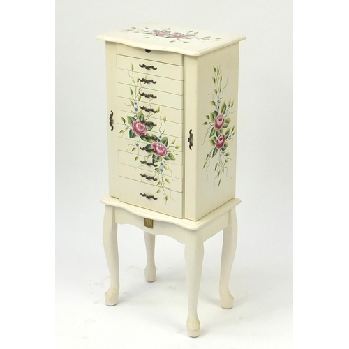 2070 - Hand painted floor standing jewellery chest with mirrored interior, ten drawers and two doors, 98cm ... 