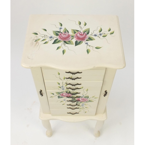 2070 - Hand painted floor standing jewellery chest with mirrored interior, ten drawers and two doors, 98cm ... 