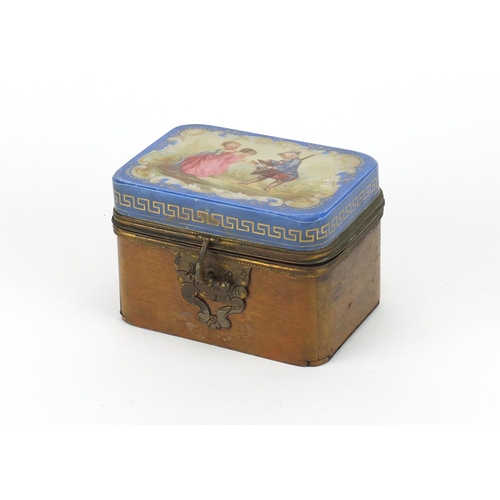 2245 - Ornate casket with Sèvres style porcelain lid decorated with three figures, 9cm H x 13cm W x 9cm D