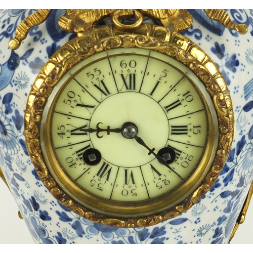 2234 - Chinese blue and white porcelain three piece clock garniture with gilt metal mounts, each hand paint... 