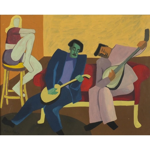 2186 - Cubist figures playing instruments in an interior, gouache, bearing a signature Milton Avery, framed... 