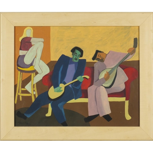 2186 - Cubist figures playing instruments in an interior, gouache, bearing a signature Milton Avery, framed... 