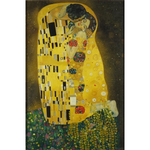 2183 - After Gustav Klimt - The Kiss, oil on board, framed, 60cm x 39.5cm