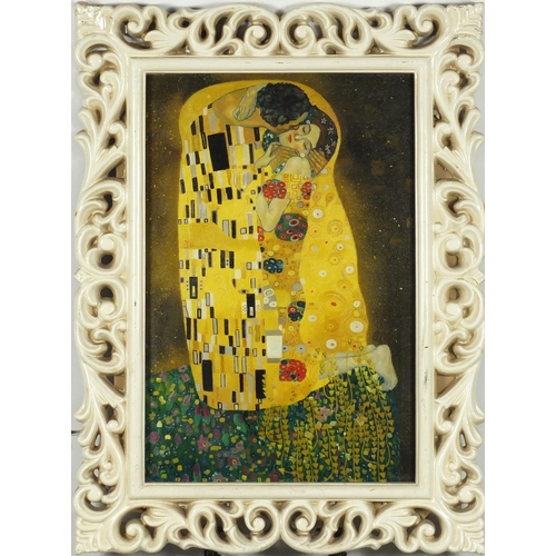 2183 - After Gustav Klimt - The Kiss, oil on board, framed, 60cm x 39.5cm