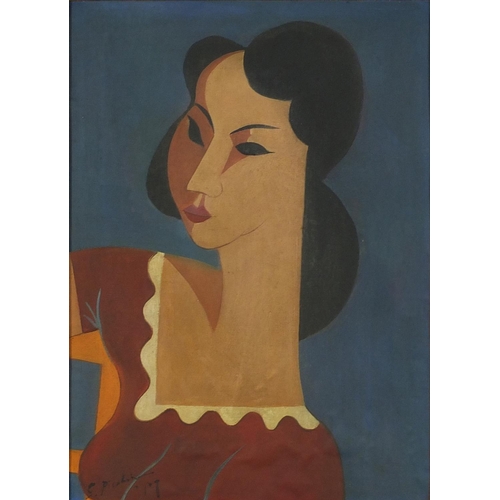 2371 - Portrait of a female, cubist school oil on board, bearing an indistinct signature possibly S Picalia... 
