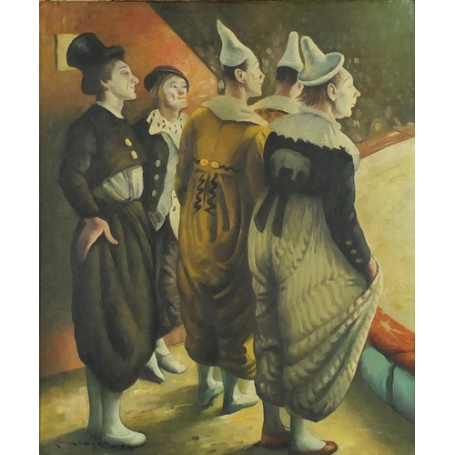 2287 - Manner of Laura Knight - Five clowns at a circus, oil on board, framed, 60cm x 50.5cm