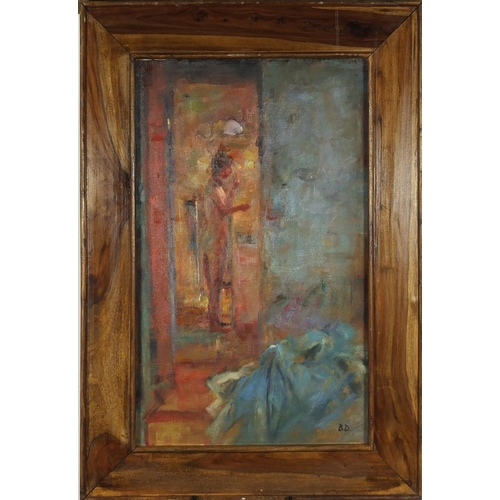 2477 - Nude female in an interior, Modern British school oil on board, bearing a monogram BD, framed, 76cm ... 