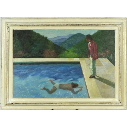 2090 - After David Hockney - Portrait of an artist (Pool with two figures), oil on board, framed, 75cm x 50... 