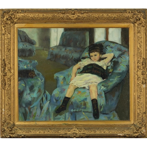 2094 - Manner of Georges Picard - Young girl in an armchair with her dog, oil on board, mounted and framed,... 