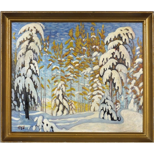 2228 - Snowy winter landscape, Canadian school oil on board, bearing a monogram AYJ and inscriptions verso,... 