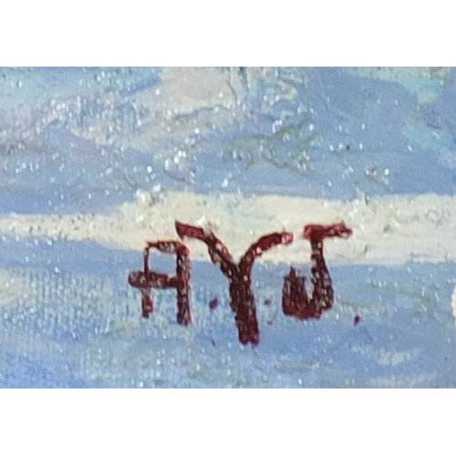 2228 - Snowy winter landscape, Canadian school oil on board, bearing a monogram AYJ and inscriptions verso,... 