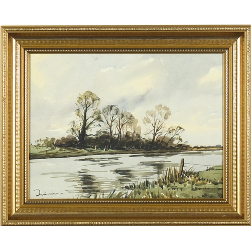 2326 - Manner of Edward Wesson - River by woodland, watercolour, framed, 39cm x 29cm