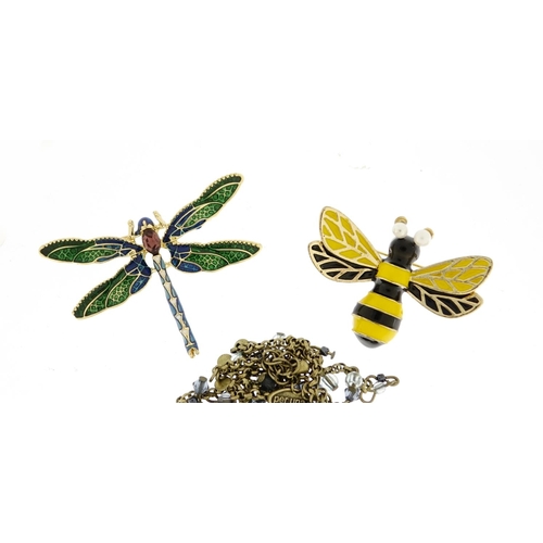 2966 - Enamelled insect jewellery comprising butterfly necklace, dragonfly brooch and bumble bee brooch, th... 