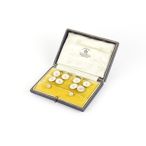 2658 - Set of 9ct gold and mother of pearl cufflinks, studs and buttons, housed in a Mappin & Webb fitted c... 