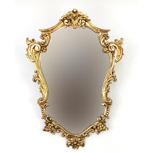 2056 - Ornate gilt framed cartouche shaped mirror, 74cm x 54cm