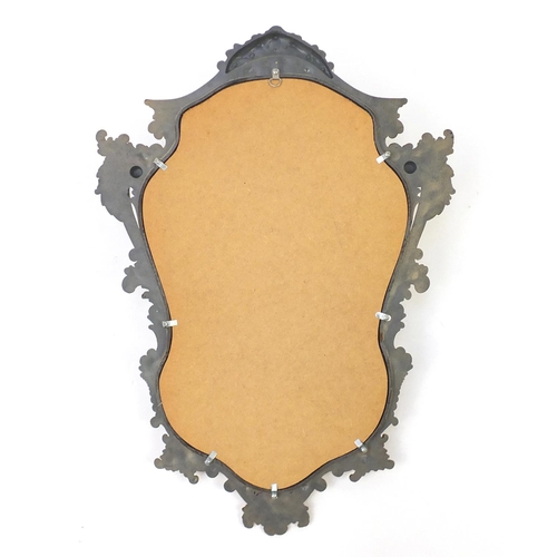 2056 - Ornate gilt framed cartouche shaped mirror, 74cm x 54cm