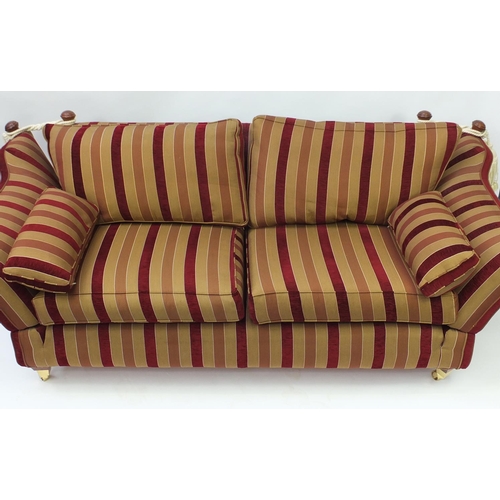 2016 - Knoll drop end three seater settee with red and gold upholstery, 230cm in Length
