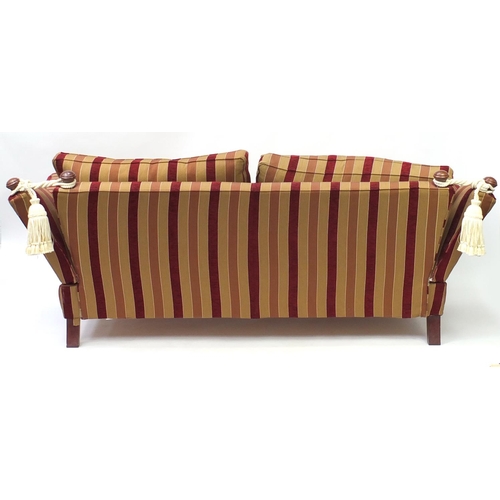 2016 - Knoll drop end three seater settee with red and gold upholstery, 230cm in Length
