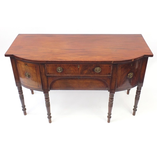 2035 - Regency mahogany six legged sideboard with line inlay, two central doors and two drawers, one with w... 