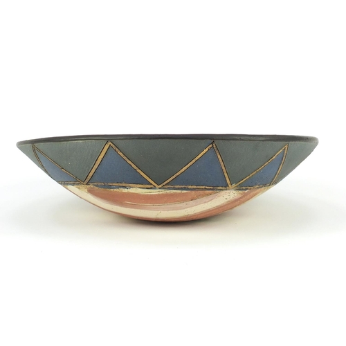 2375 - Laurel Keeley studio bowl with incised decoration, incised marks to the underside, 25cm wide