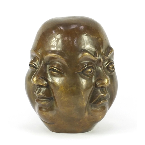 2377 - Large Chinese bronze four sided Buddha head, character marks to the base, 21cm high